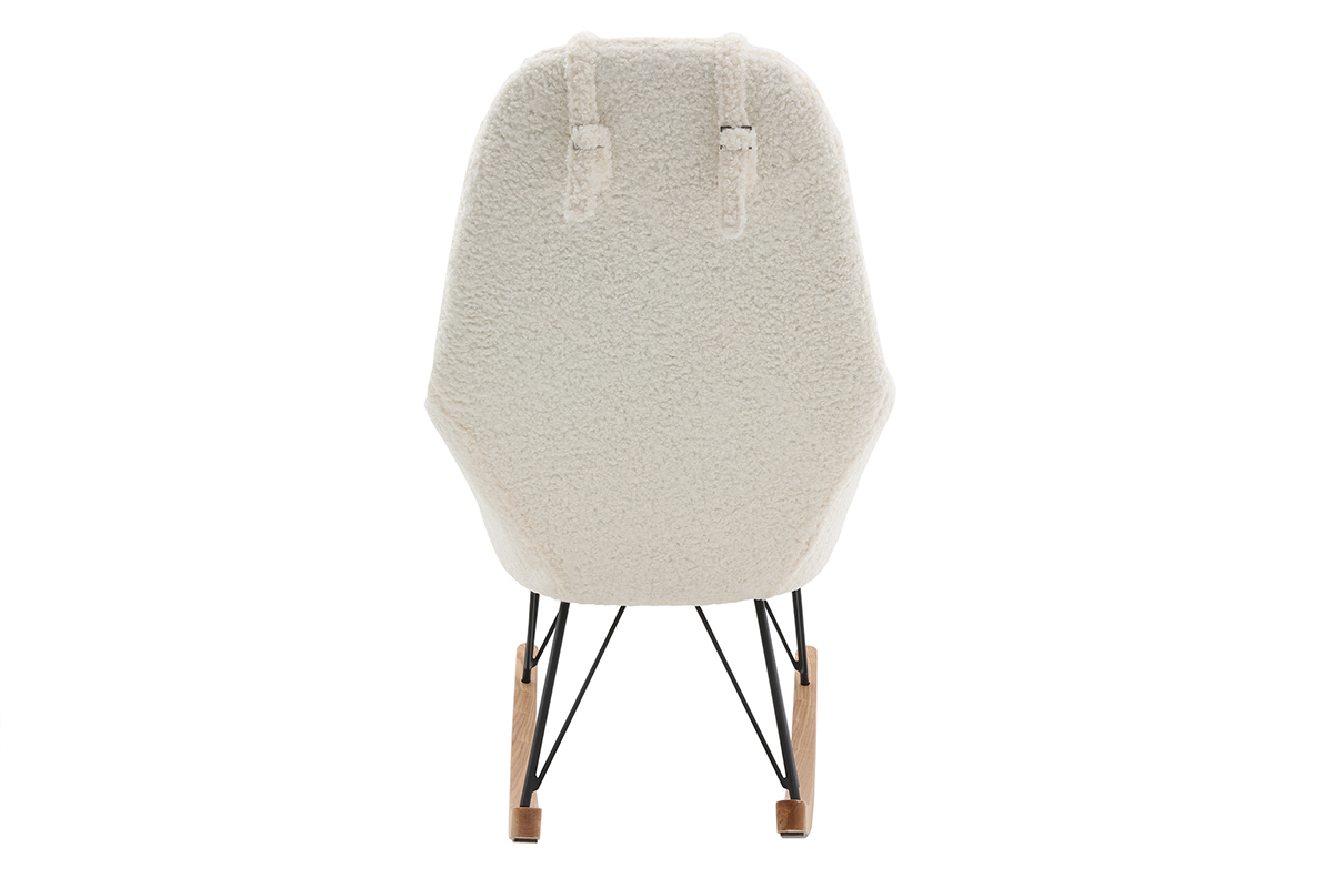 Rocking chair scandinave en tissu effet peau de mouton blanc, mtal noir et bois clair JHENE