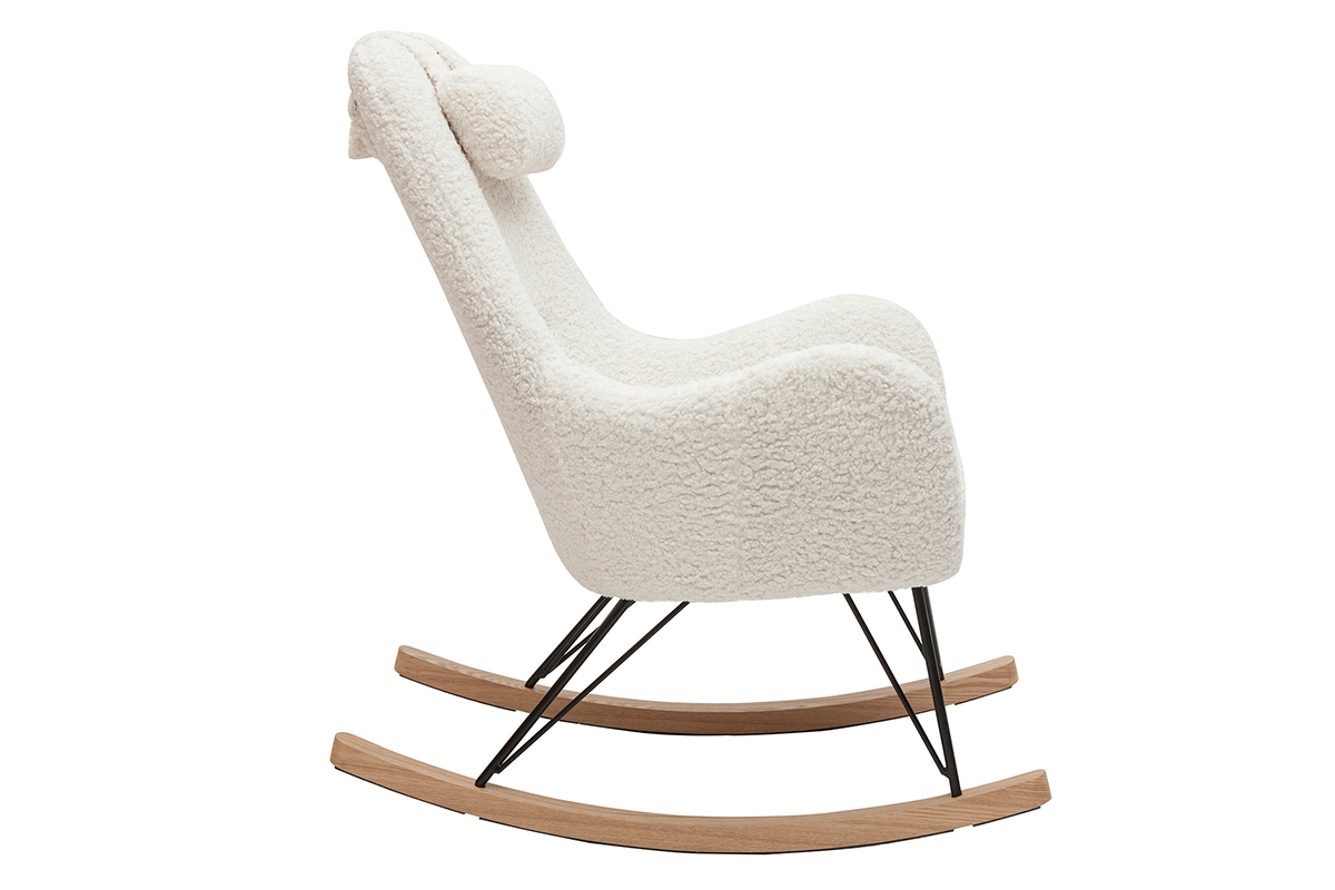 Rocking chair scandinave en tissu effet peau de mouton blanc, mtal noir et bois clair MANIA