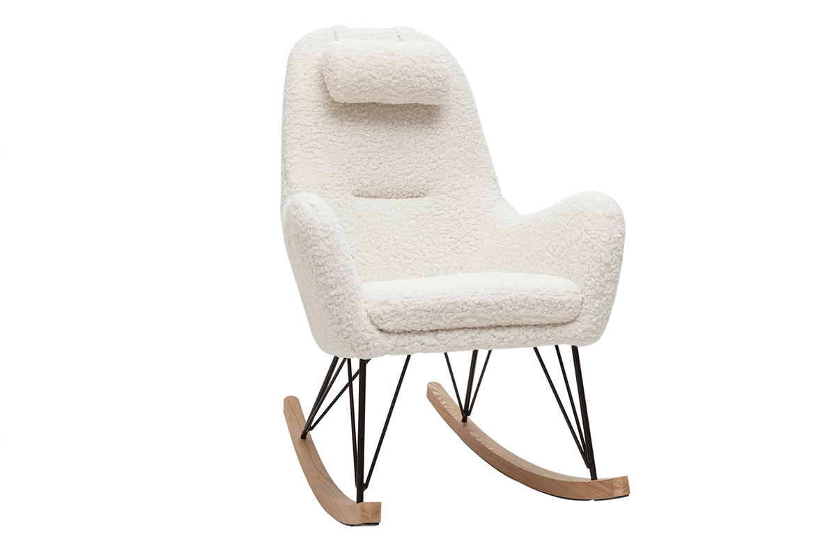 Rocking chair scandinave en tissu effet peau de mouton blanc, mtal noir et bois clair MANIA