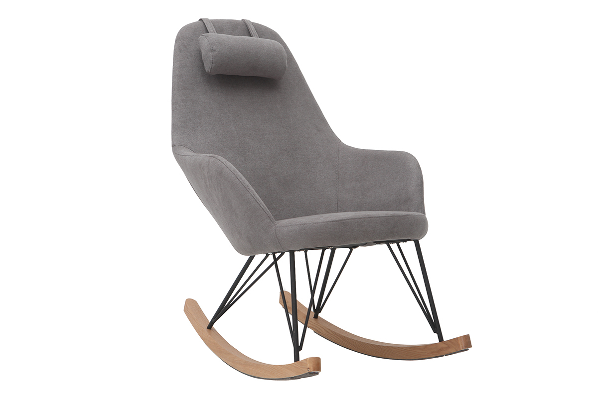 Rocking chair scandinave en tissu effet velours gris, mtal noir et bois clair JHENE