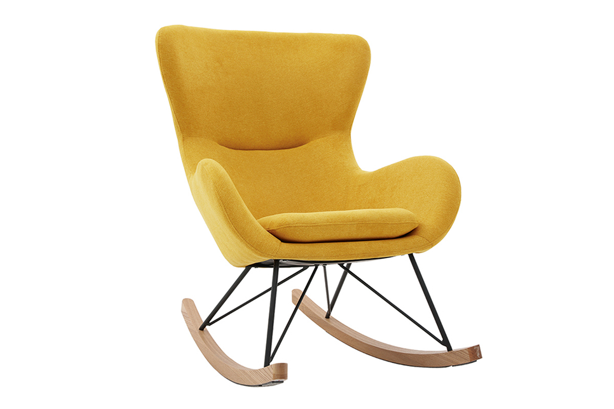 Rocking chair scandinave en tissu effet velours jaune moutarde, mtal noir et bois clair ESKUA