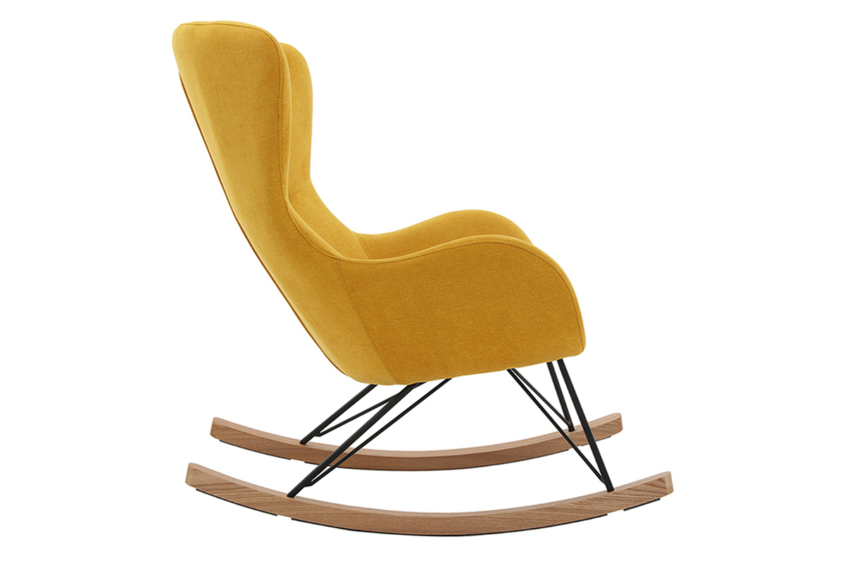 Rocking chair scandinave en tissu effet velours jaune moutarde, mtal noir et bois clair ESKUA