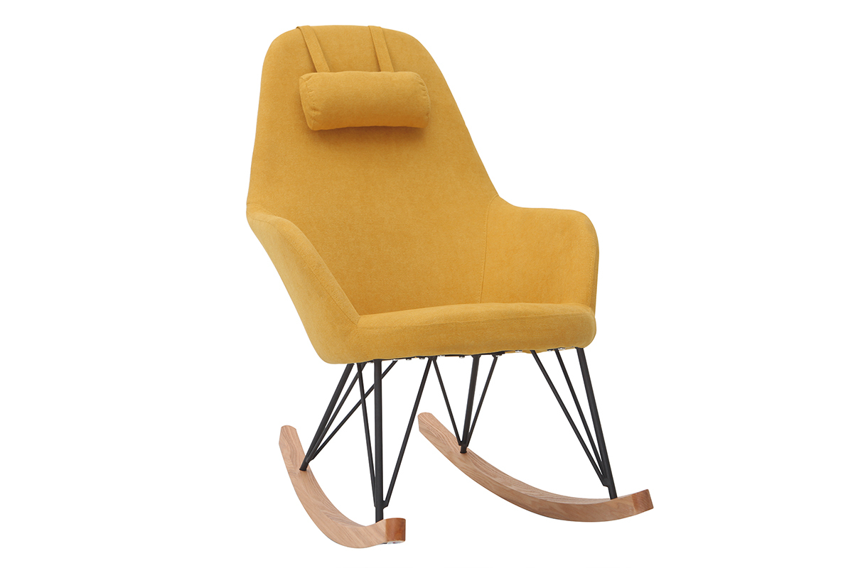 Rocking chair scandinave en tissu effet velours jaune moutarde, mtal noir et bois clair JHENE