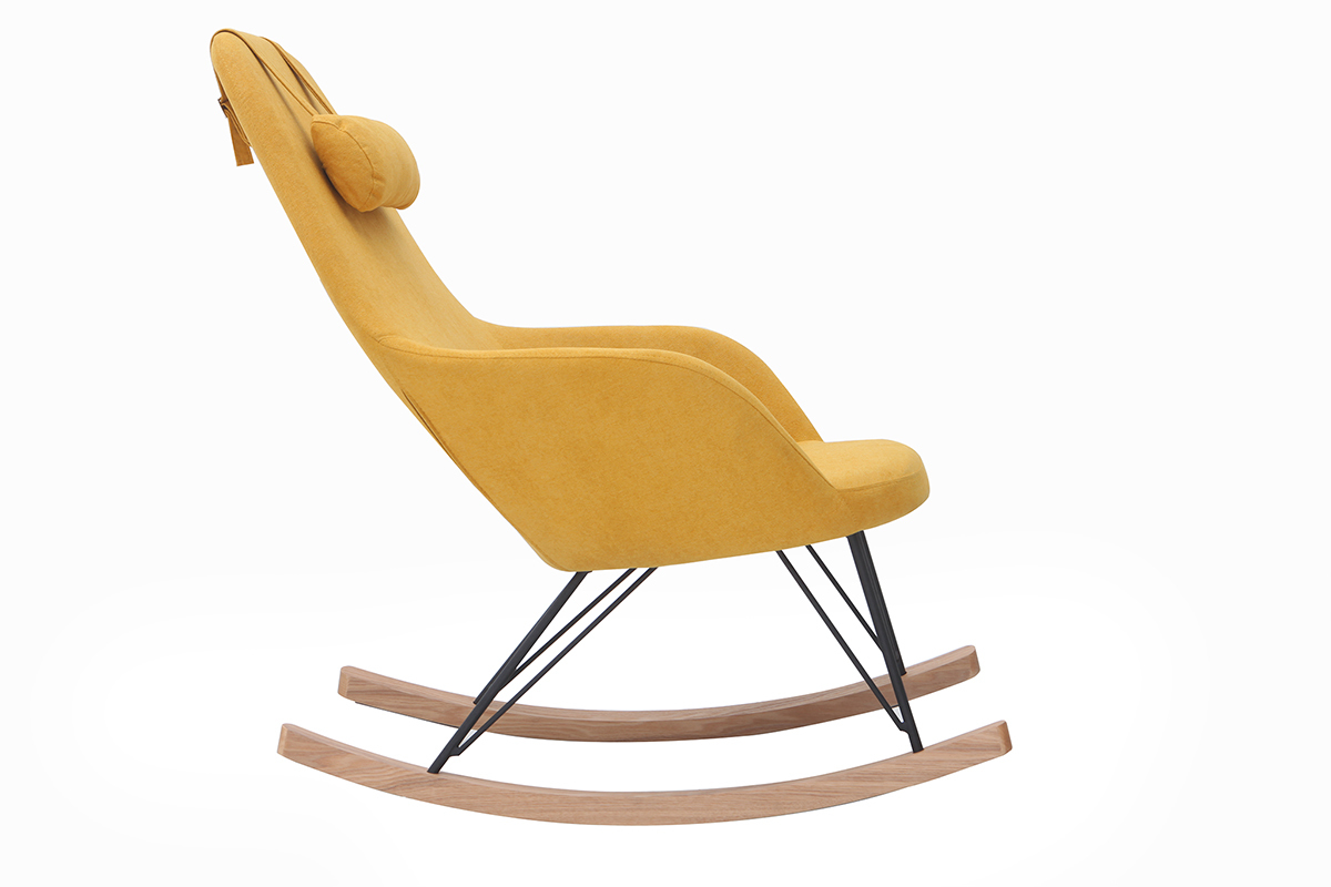 Rocking chair scandinave en tissu effet velours jaune moutarde, mtal noir et bois clair JHENE