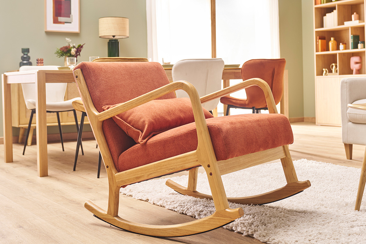 Rocking chair scandinave en tissu effet velours terre brle et bois clair massif DERRY