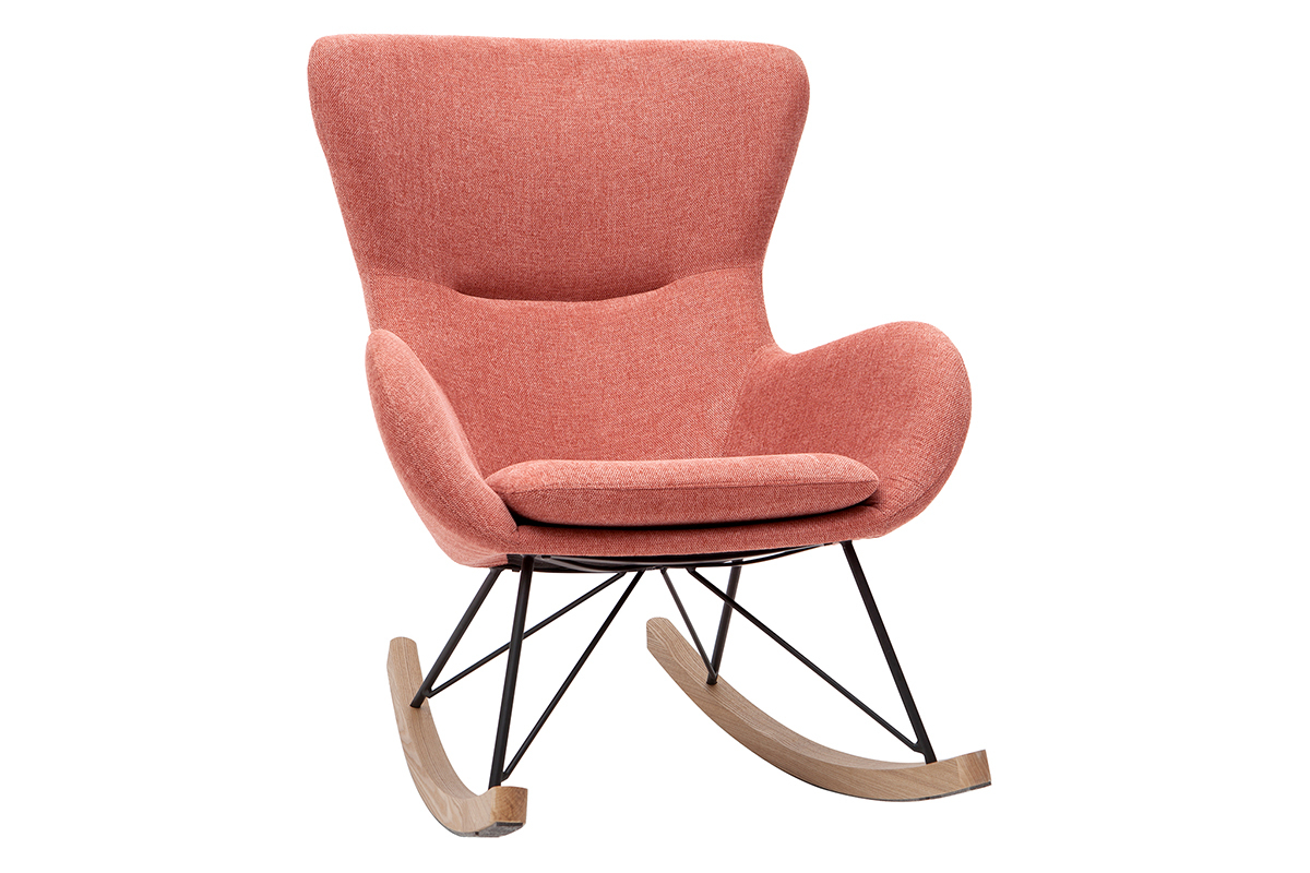 Rocking chair scandinave en tissu effet velours textur terracotta, mtal noir et bois clair ESKUA