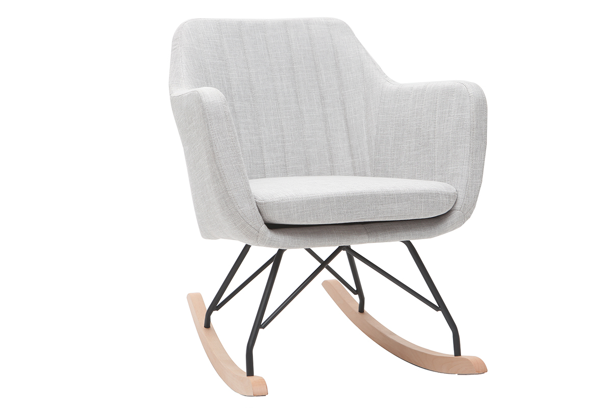 Rocking chair scandinave en tissu gris clair, mtal noir et bois clair ALEYNA