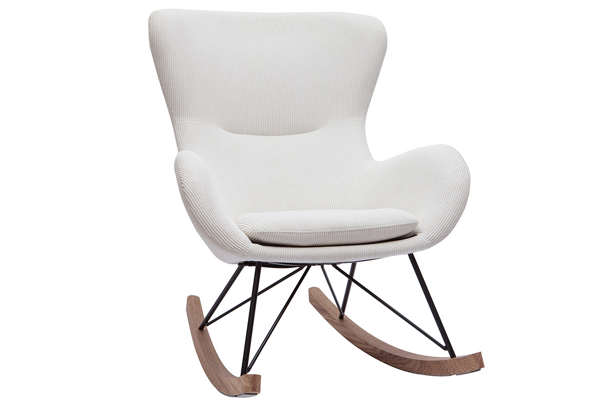 Rocking chair scandinave en tissu velours ctel beige, mtal noir et bois clair ESKUA