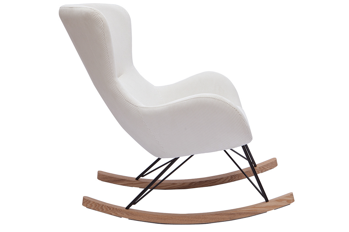 Rocking chair scandinave en tissu velours ctel beige, mtal noir et bois clair ESKUA