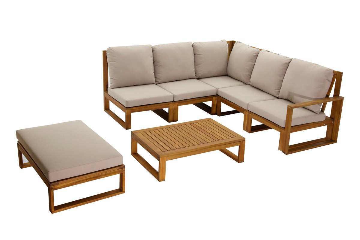 Salon de jardin d'angle 6-8 places en bois massif avec coussins dhoussables taupe SALSA