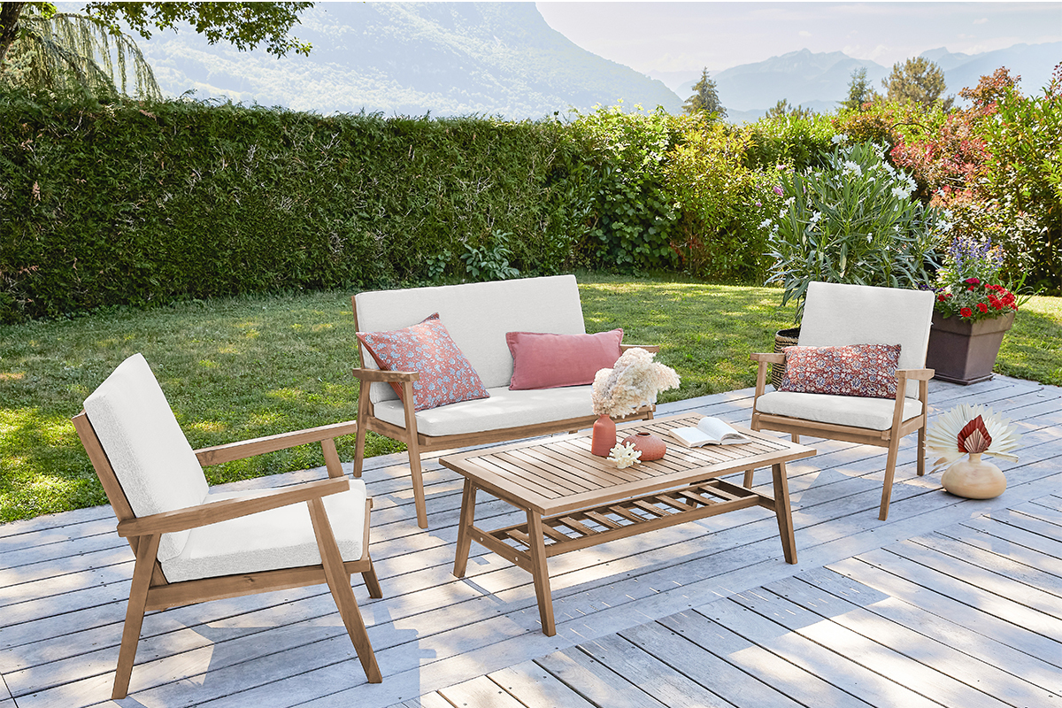 Salon de jardin en bois massif avec coussins dhoussables beige naturel TIAGA