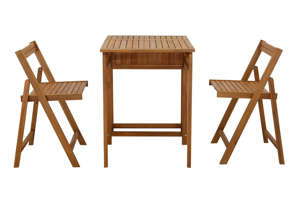 Set de 2 chaises pliantes et 1 table de balcon rabattable avec rangement en bois massif PRADO