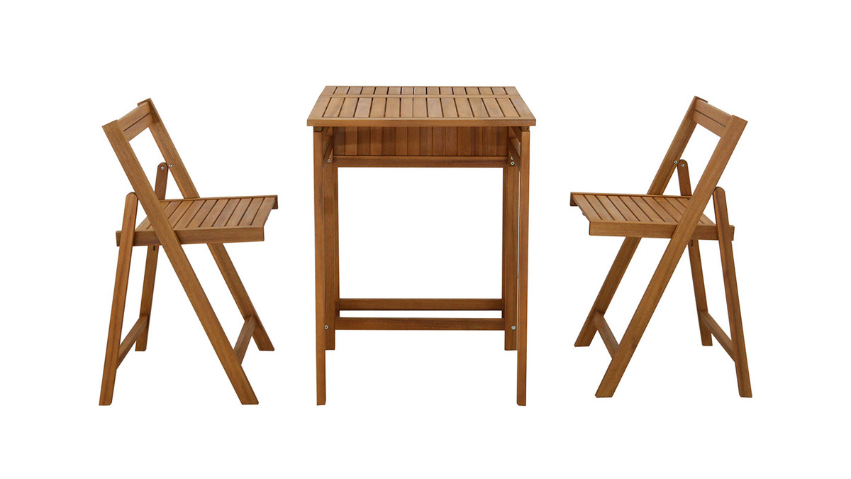 Set de 2 chaises pliantes et 1 table de balcon rabattable avec rangement en bois massif PRADO