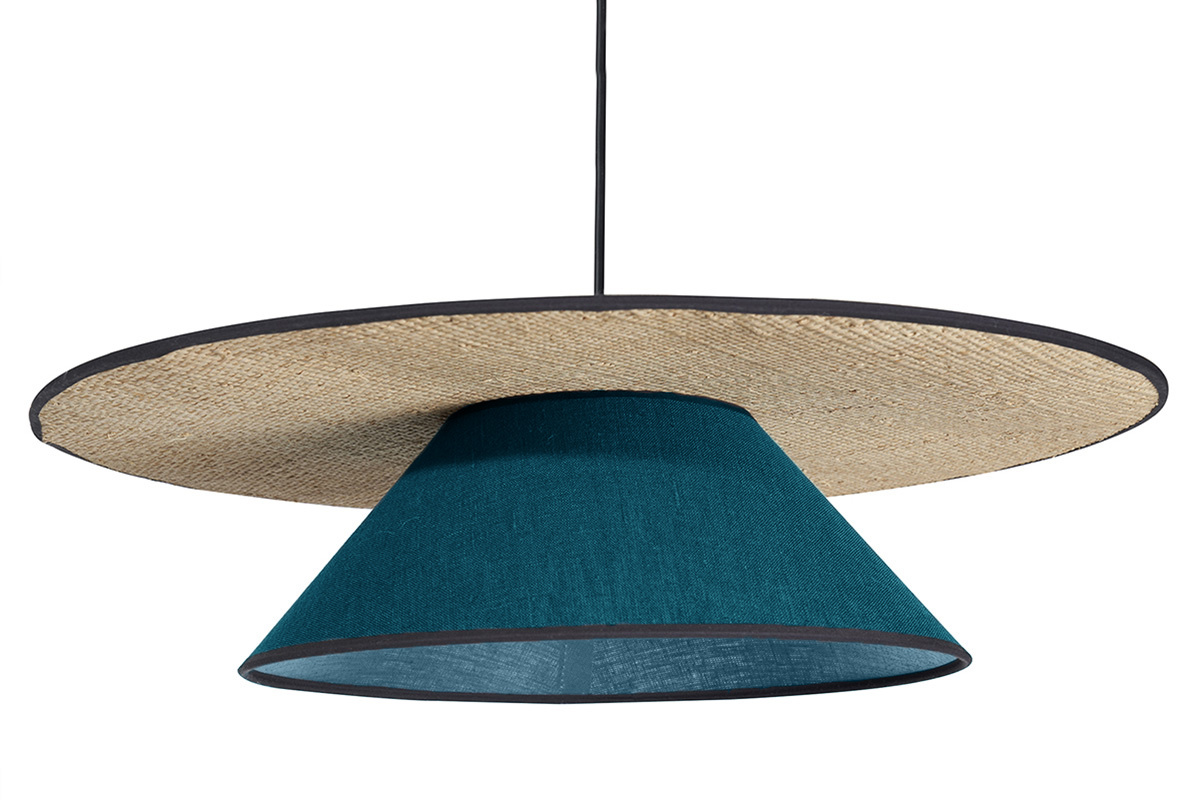 Suspension en lin bleu paon et rabane naturelle D55 cm AZAMI