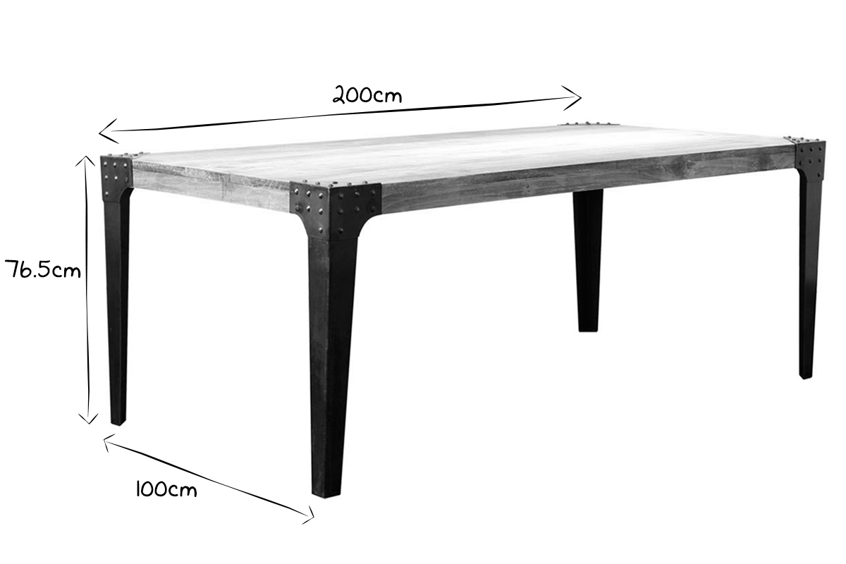 Table  manger industrielle rectangulaire acier et bois manguier massif L200 cm MADISON