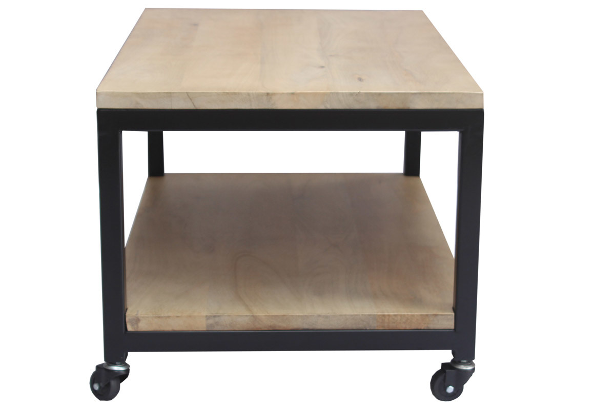 Table basse  roulettes industrielle bois manguier massif et mtal noir L90 cm FACTORY