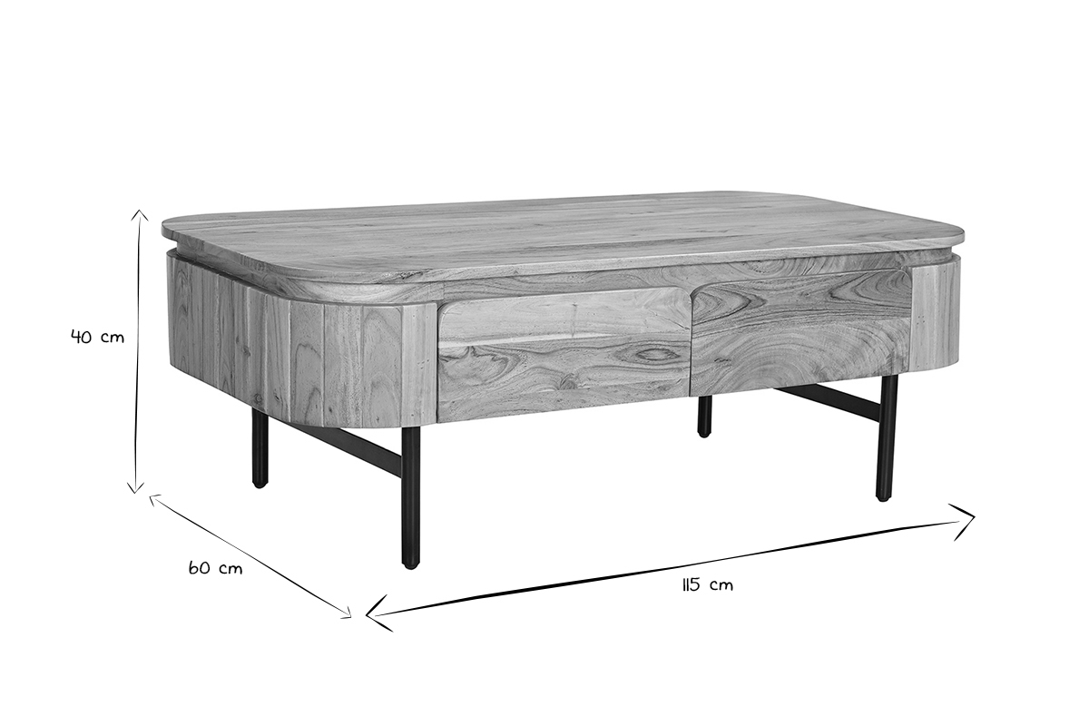 Table basse avec rangements en bois massif et mtal noir 4 tiroirs L115 cm NAPOLI