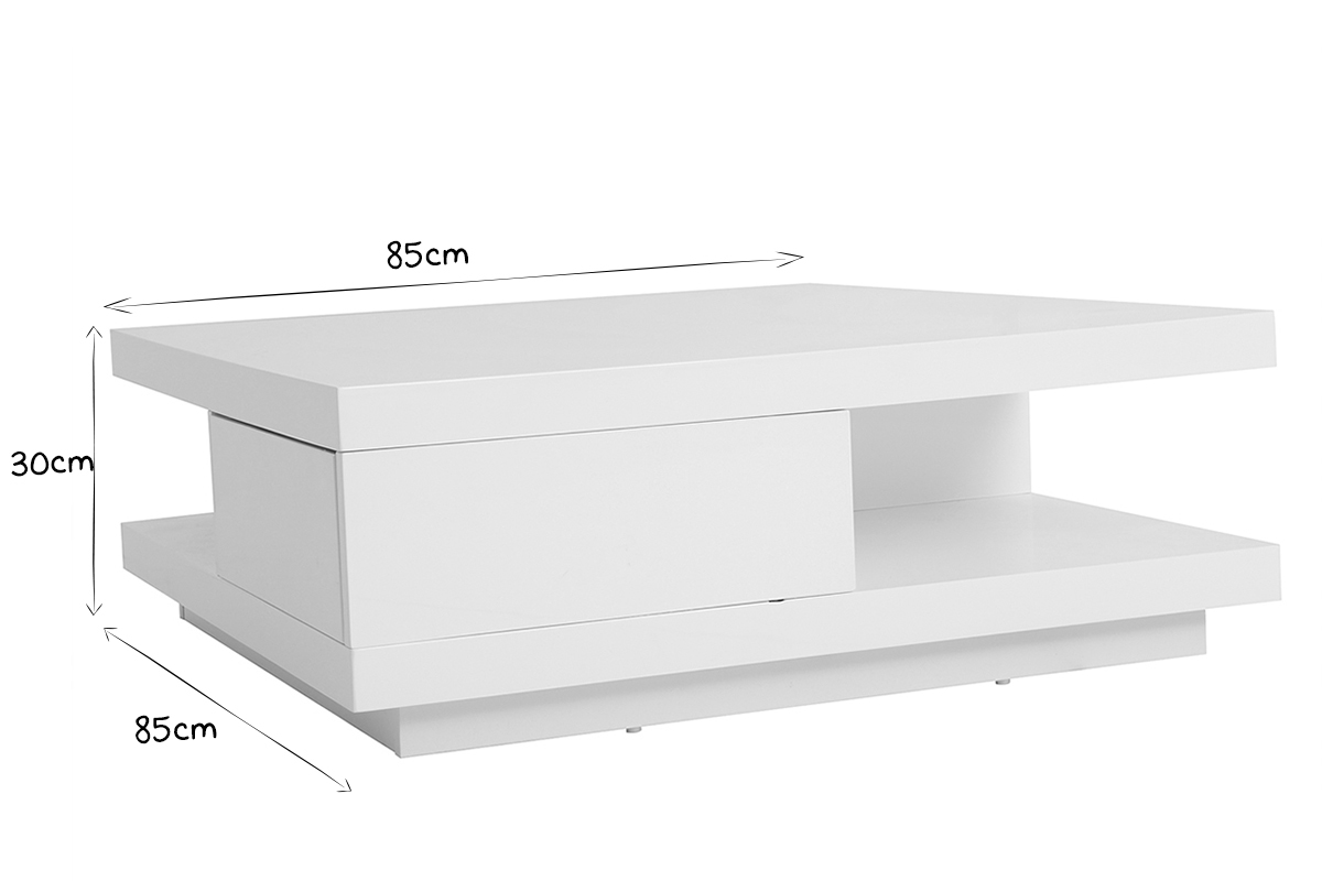 Table basse carre avec rangements 2 tiroirs design blanc laque L85 cm KARY