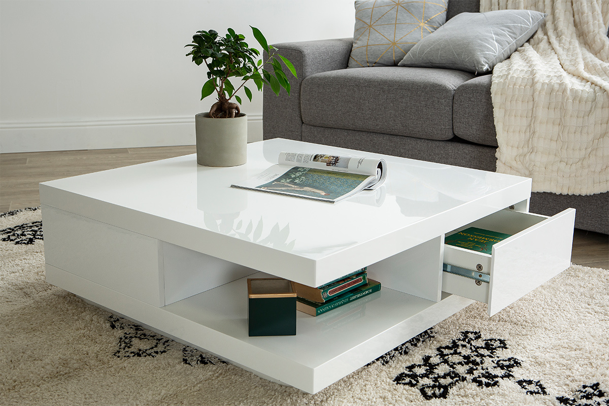 Table basse carre avec rangements 2 tiroirs design blanc laque L85 cm KARY