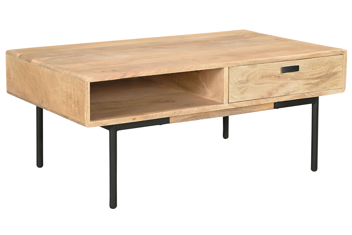 Table basse rectangulaire avec rangements 2 tiroirs en bois manguier massif et mtal noir L100 cm JUDE