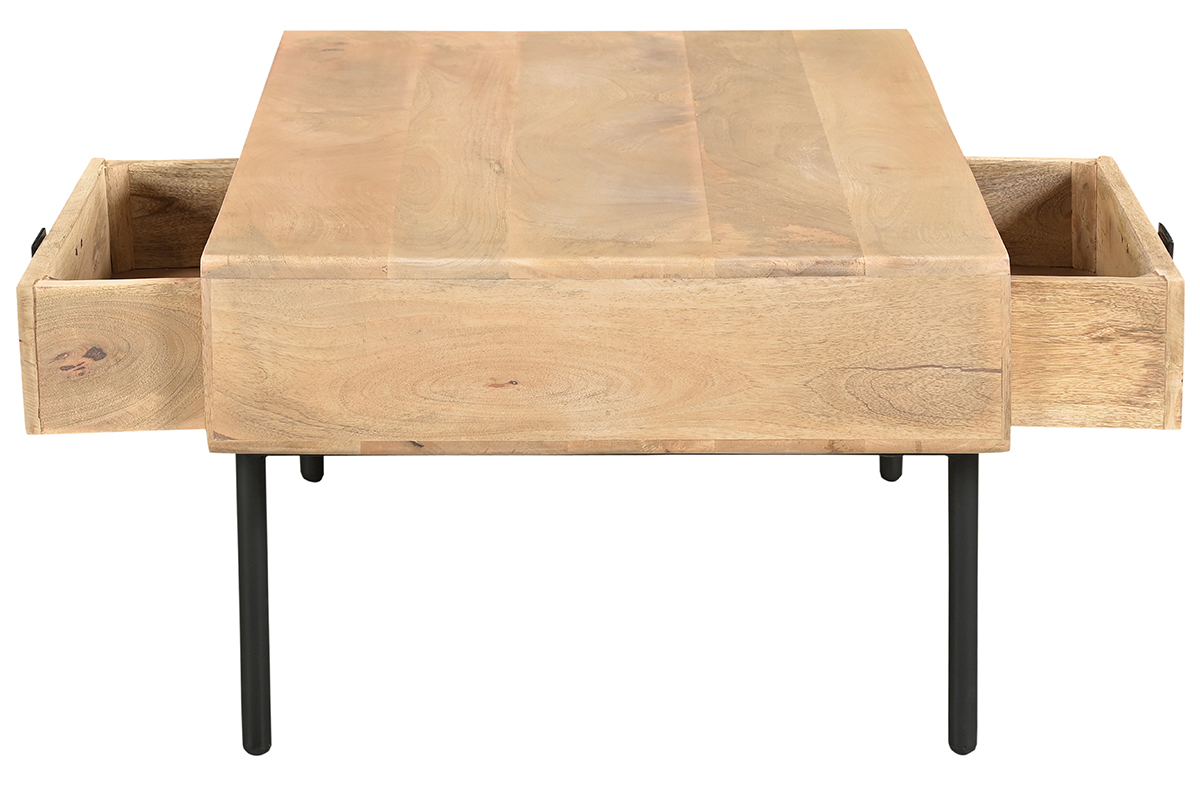 Table basse rectangulaire avec rangements 2 tiroirs en bois manguier massif et mtal noir L100 cm JUDE