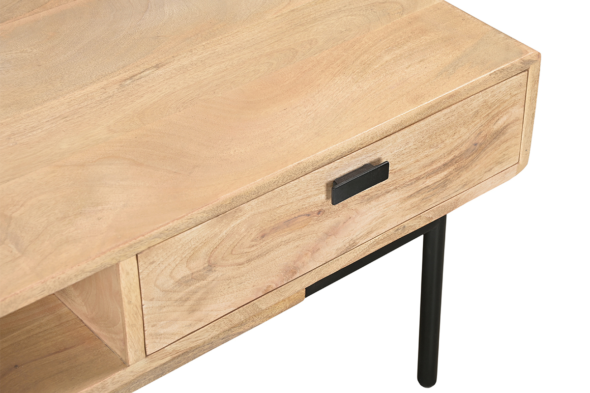 Table basse rectangulaire avec rangements 2 tiroirs en bois manguier massif et mtal noir L100 cm JUDE