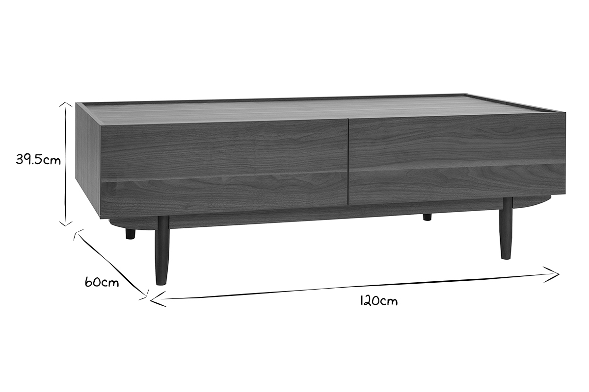 Table basse rectangulaire avec rangements 2 tiroirs finition bois fonc noyer L120 cm SANAA