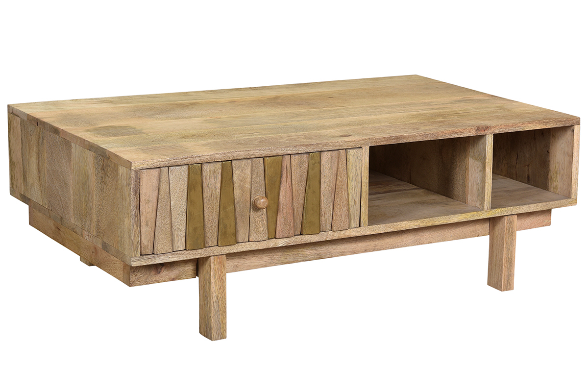 Table basse rectangulaire avec rangements bois manguier massif grav et dtails dors L100 cm ZAIKA