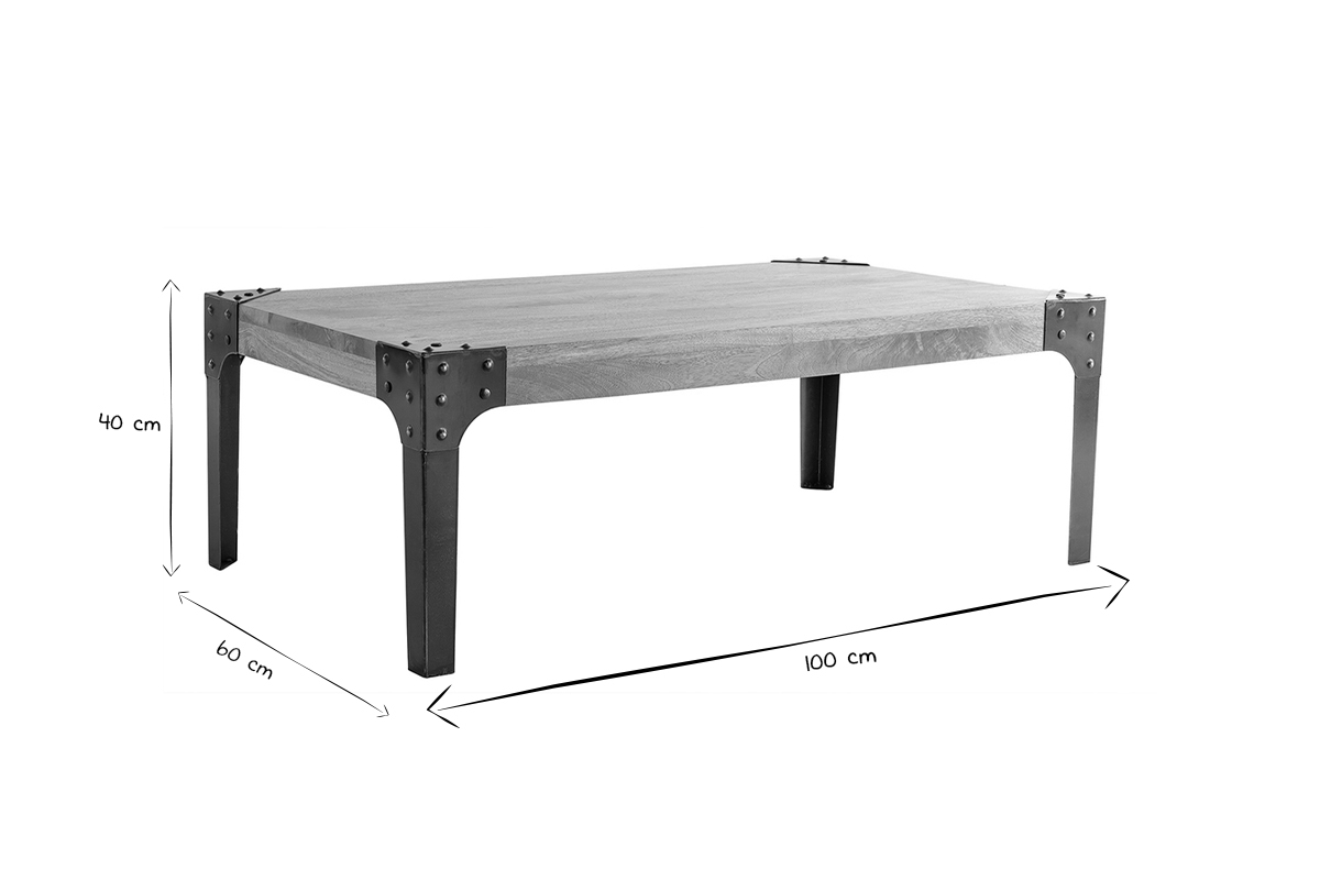 Table basse rectangulaire industrielle bois manguier massif et mtal noir L100 cm MADISON