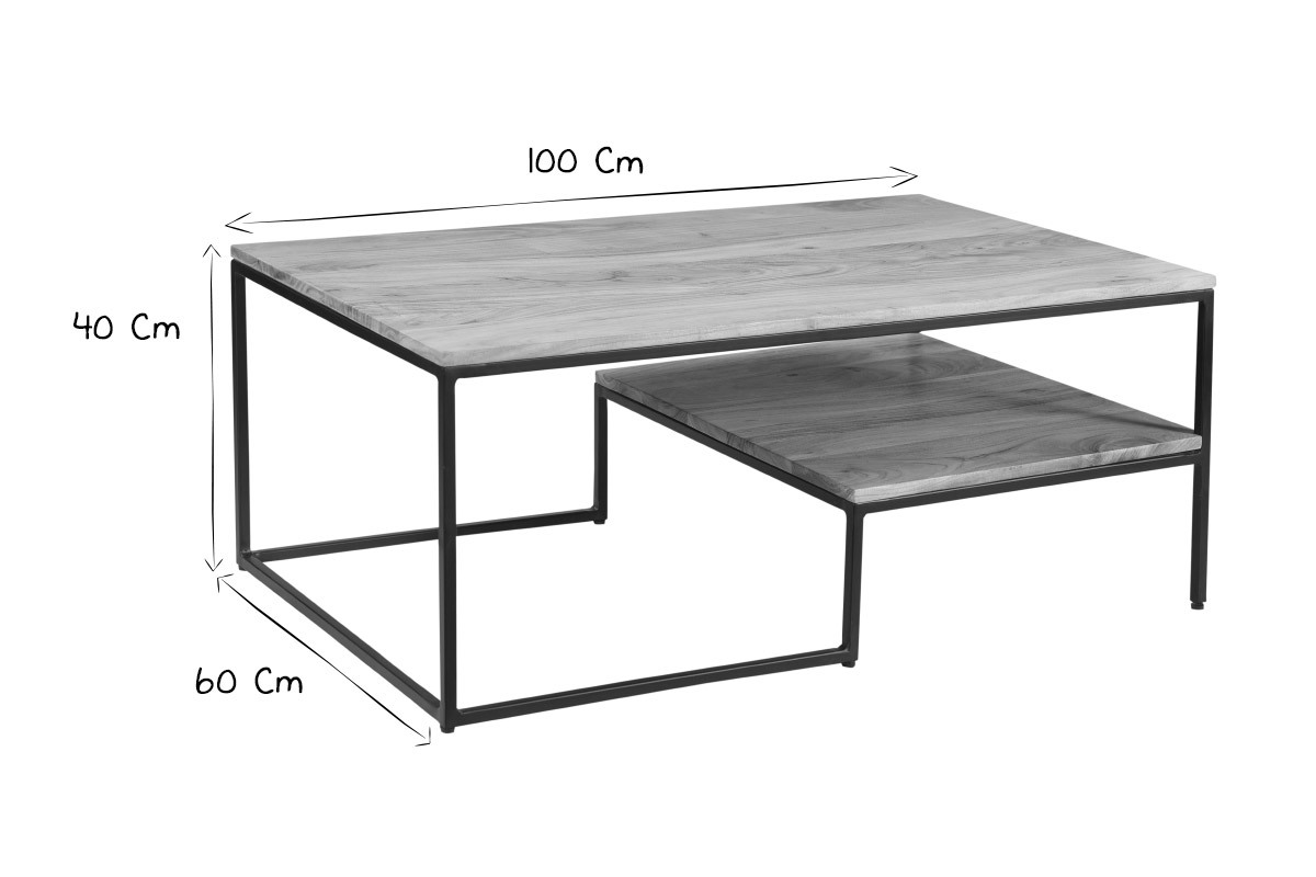 Table basse rectangulaire industrielle bois massif et mtal noir L100 cm YONA