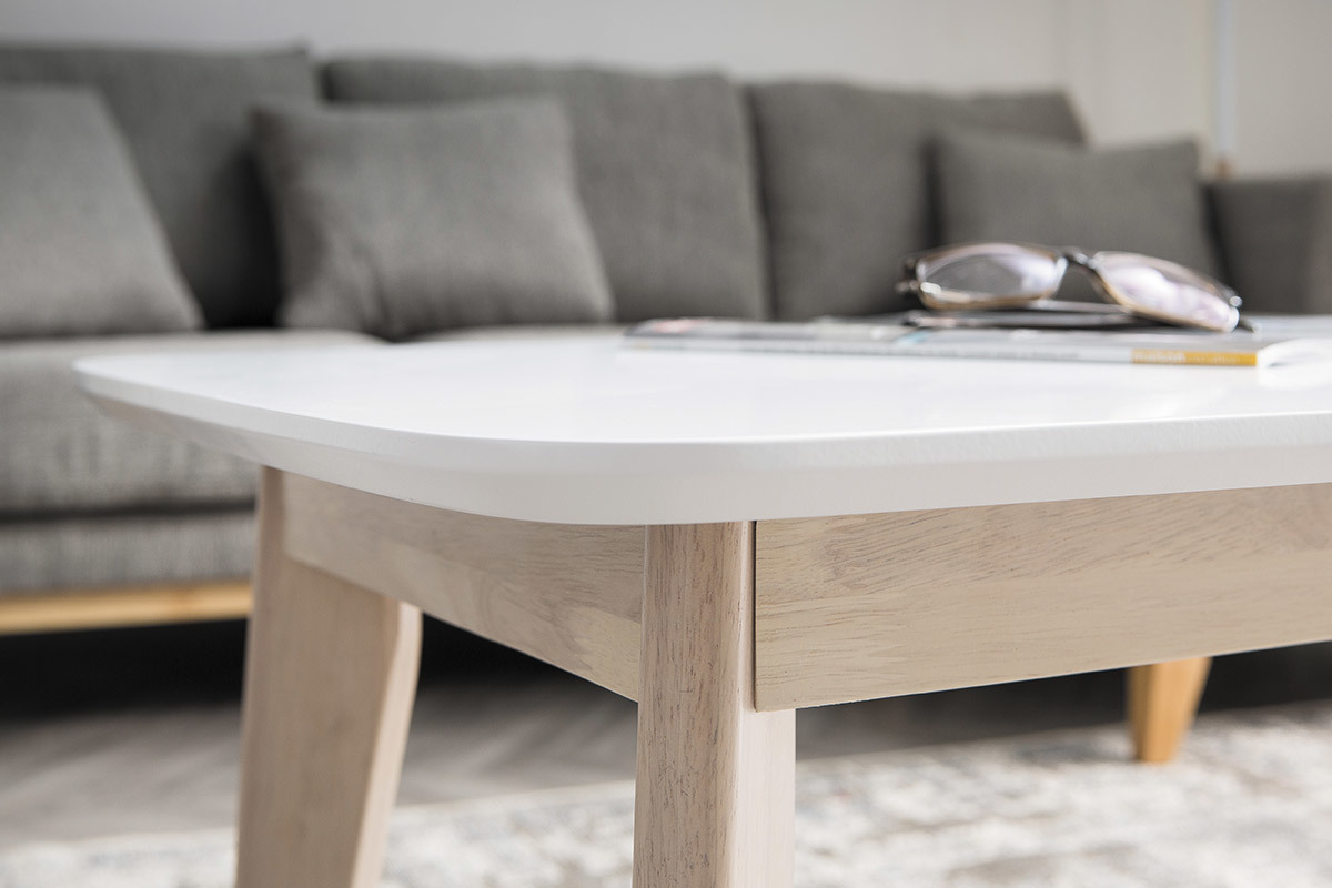 Table basse rectangulaire scandinave blanc et bois clair massif L105 cm LEENA