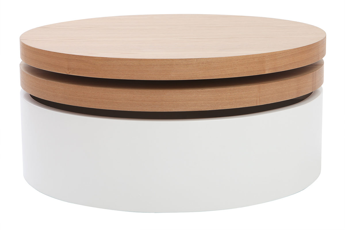 Table basse ronde avec plateaux pivotants et rangement blanc et bois clair chne D80 cm ICON