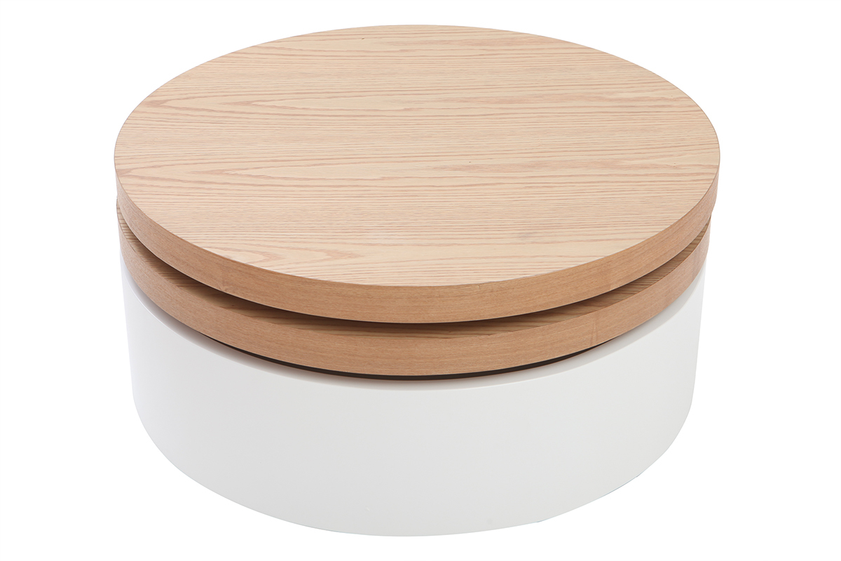 Table basse ronde avec plateaux pivotants et rangement blanc et bois clair chne D80 cm ICON