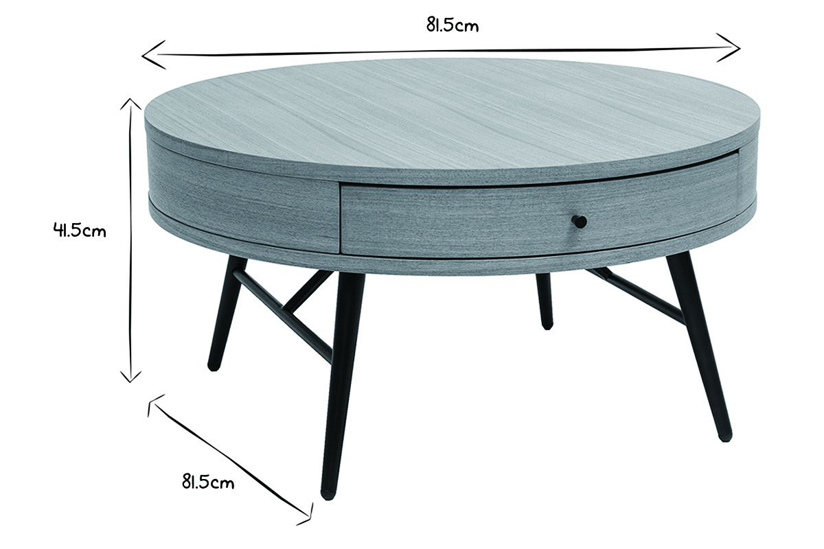 Table basse ronde avec tiroir bois clair et mtal noir D82 cm KORAL