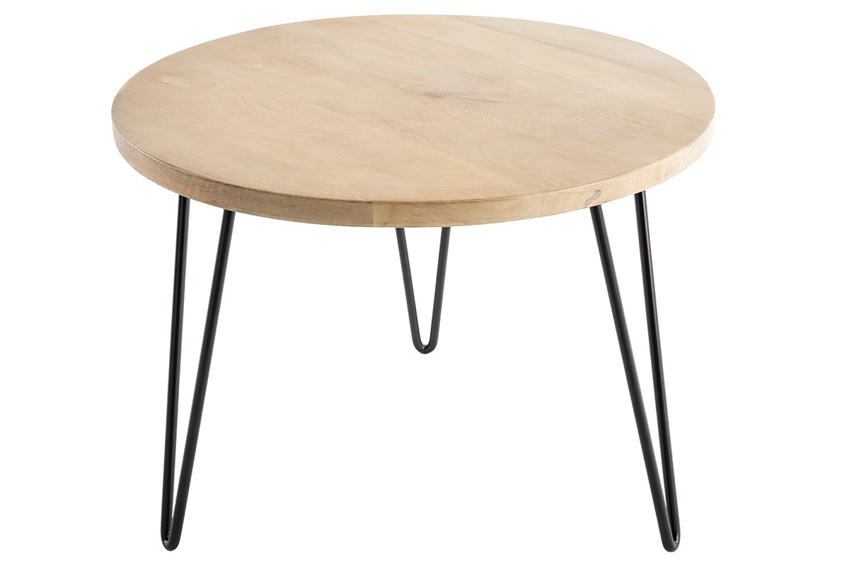 Table basse ronde bois manguier massif et mtal noir D60 cm VIBES