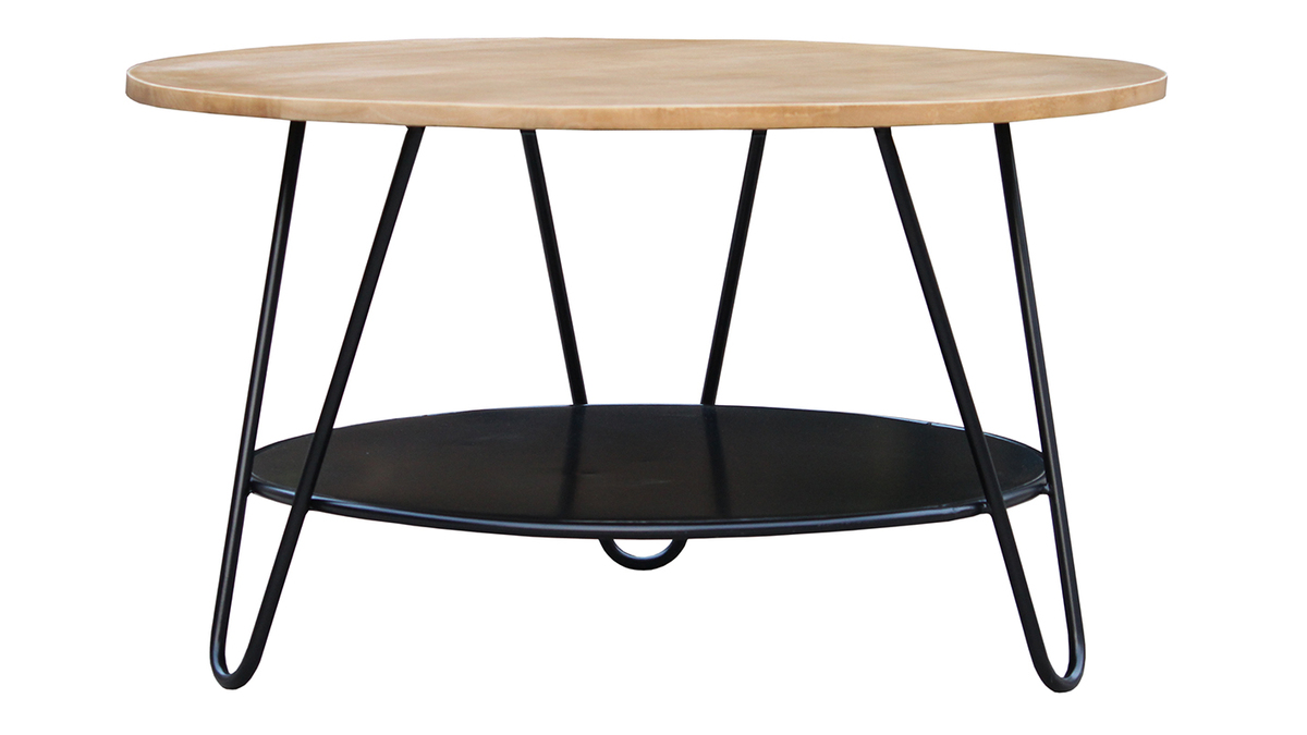 Table basse ronde bois manguier massif et mtal noir D80 cm PRIYA