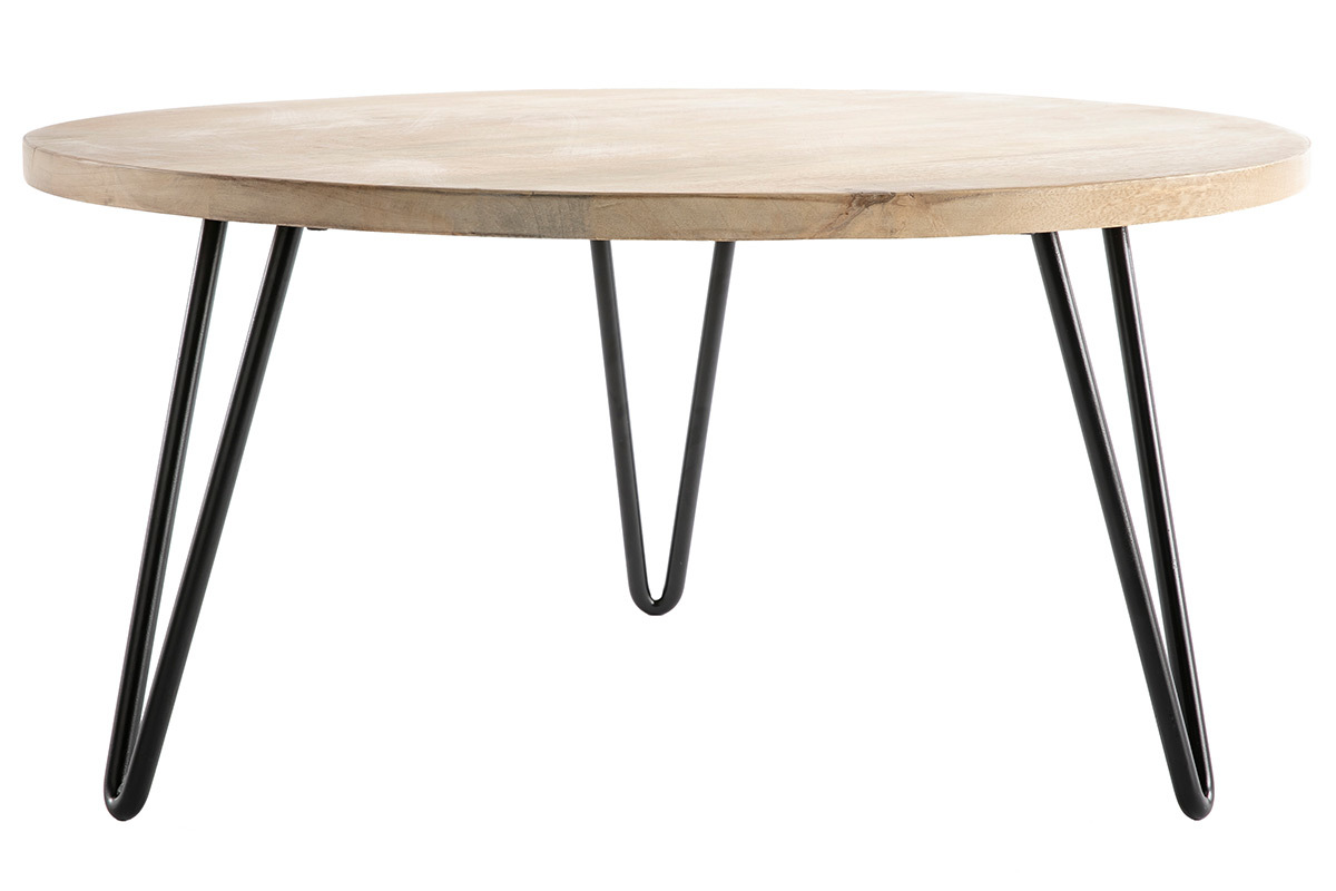 Table basse ronde bois manguier massif et mtal noir D80 cm VIBES