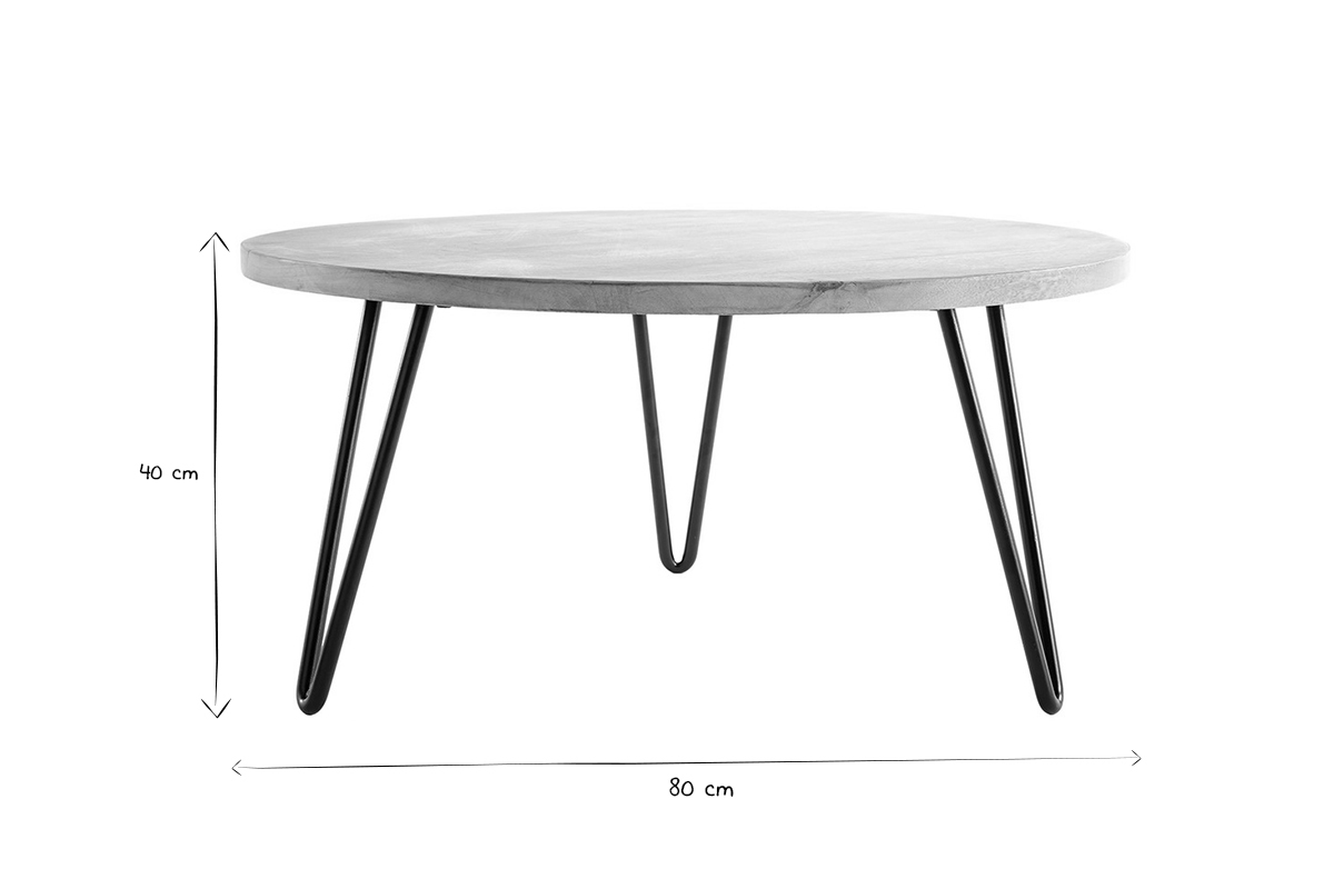 Table basse ronde bois manguier massif et mtal noir D80 cm VIBES