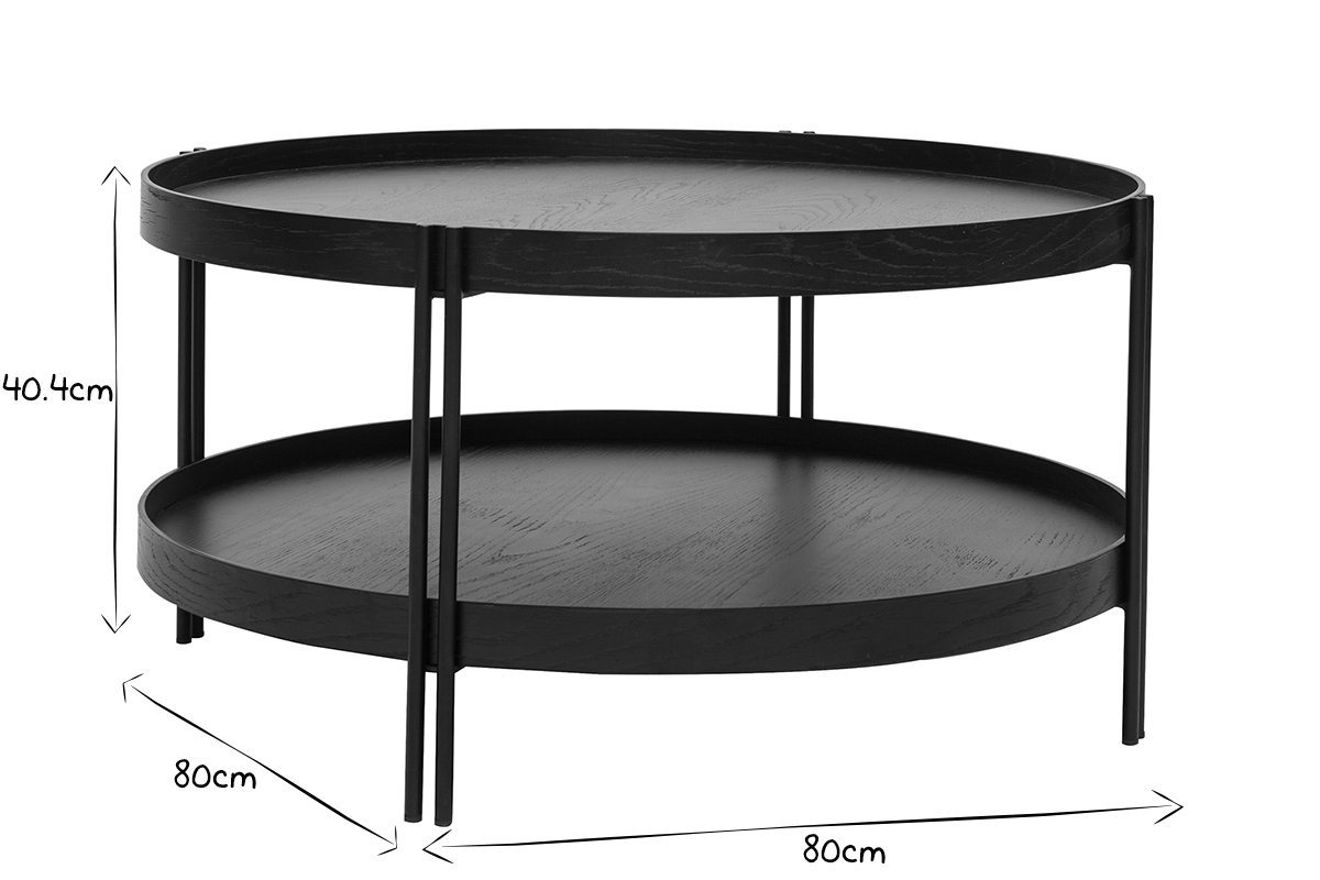 Table basse ronde design bois noir et mtal noir D80 cm TWICE