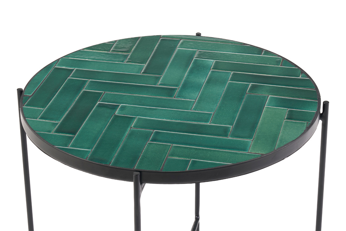 Table basse ronde en cramique vert fonc et mtal noir D50 cm KOTTA