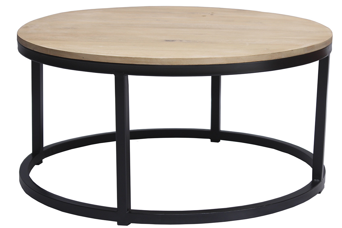 Table basse ronde industrielle  bois clair manguier massif et mtal noir D80 cm FACTORY