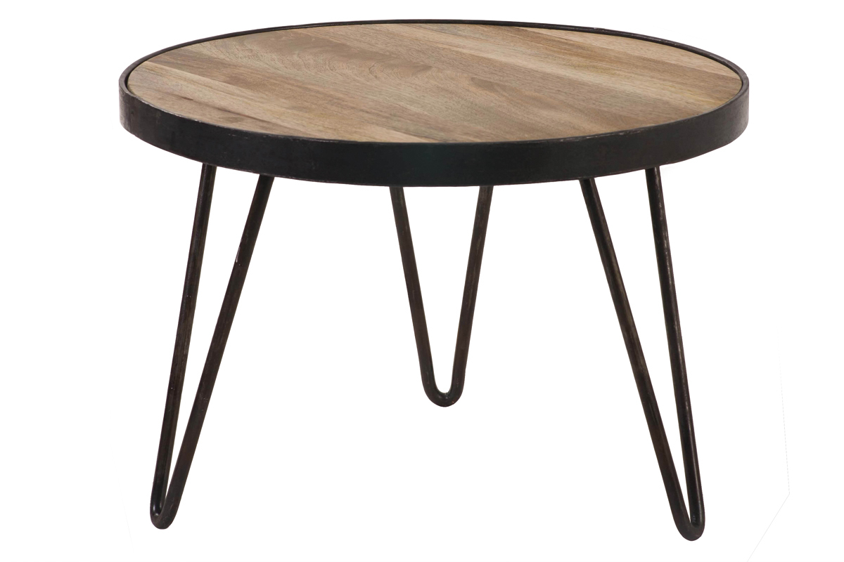 Table basse ronde industrielle bois manguier massif et mtal noir D50 cm ATELIER