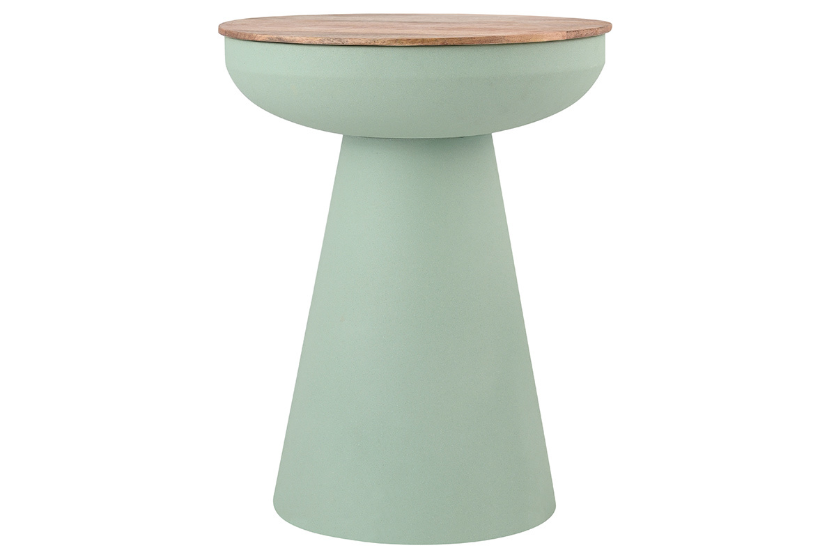 Table d'appoint ronde design avec rangement en mtal cladon et bois manguier massif H52 cm TAM