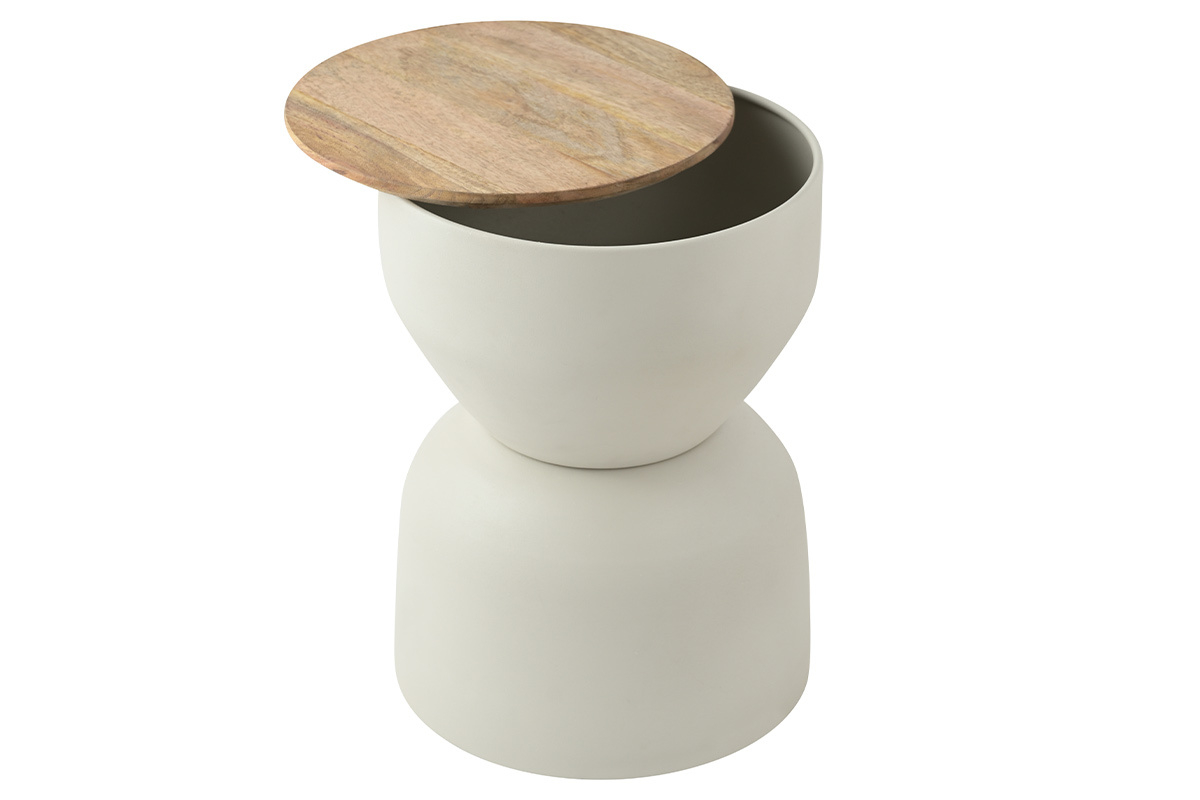 Table d'appoint ronde design avec rangement en mtal grge et bois manguier massif D30 cm YOYO