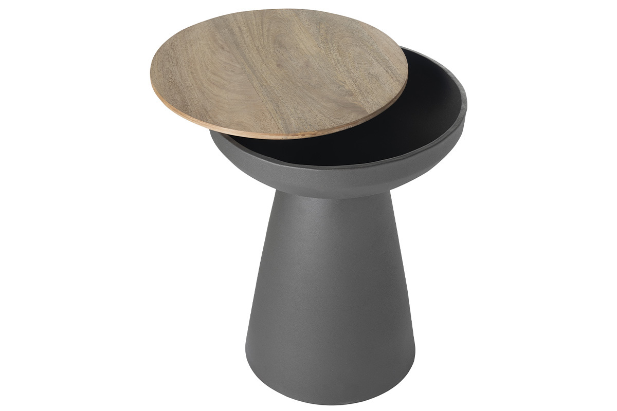 Table d'appoint ronde design avec rangement en mtal gris anthracite et bois manguier massif H52 cm TAM