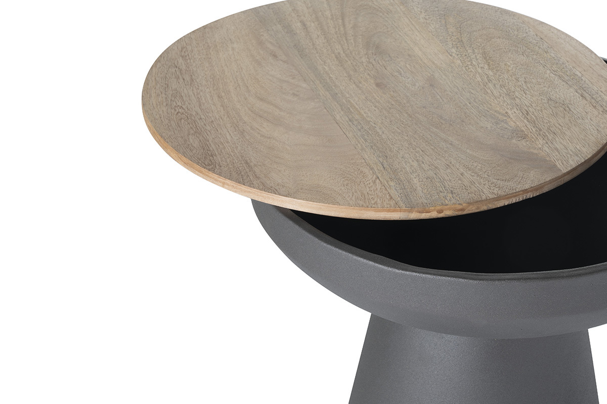 Table d'appoint ronde design avec rangement en mtal gris anthracite et bois manguier massif H52 cm TAM