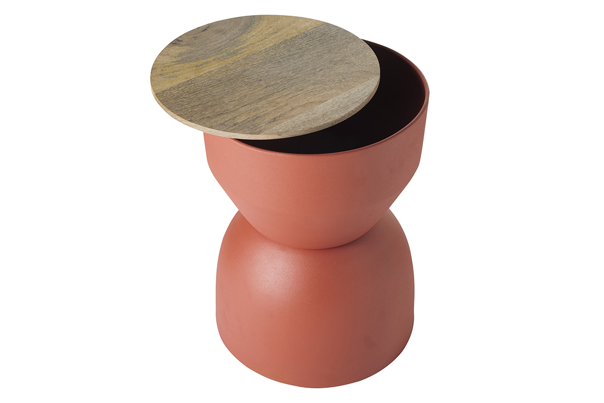 Table d'appoint ronde design avec rangement en mtal terre brule et bois manguier massif D30 cm YOYO