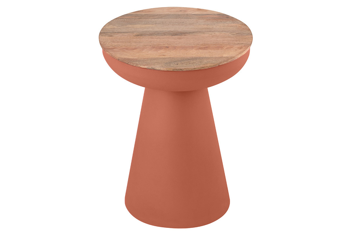 Table d'appoint ronde design avec rangement en mtal terre brule et bois manguier massif H52 cm TAM