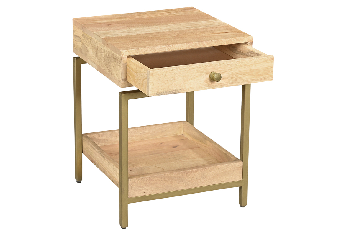 Table de chevet avec rangements en bois manguier massif et mtal dor OCTAVIE