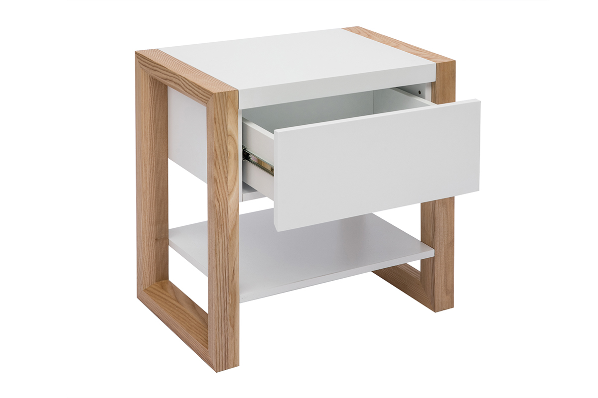 Table de chevet blanc et bois clair frne massif L55 cm ARMEL